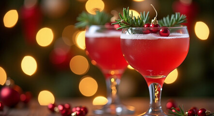 Glasses of cocktails with Christmas decoration on bokeh lights background 