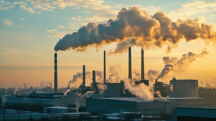 Textile factory with smoke stacks billowing pollution into the sky, Fast Fashion, environmental harm, production waste, industry impact