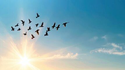 flock of birds flying against bright blue sky at sunset, creating serene and peaceful atmosphere. sunlight casts warm glow, enhancing beauty of nature