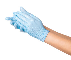 Hands in medical gloves rubbing together on an empty background. Hygiene, antiseptic use, hand sanitization, healthcare themes, design use.