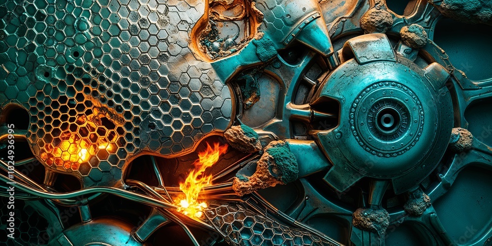 Poster Abstract futuristic metal background with fire and honeycomb pattern.