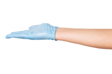 Hand in medical gloves with palm facing up on an empty background. Offering gesture, medical presentation, support, design use