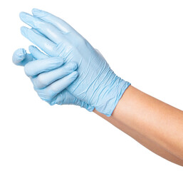 Hands in medical gloves rubbing together on an empty background. Hygiene, antiseptic use, hand sanitization, healthcare themes, design use.