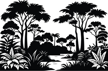 Rain Forest landscape silhouettes set, isolated flat vector illustration on white background.