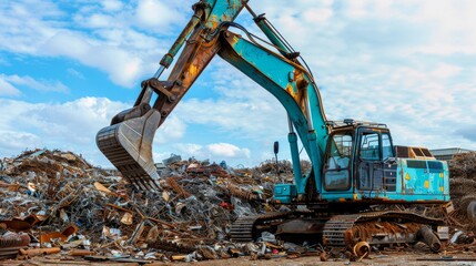 A colorful scrapyard scene with an excavator working amidst multicolored metal waste under a bright and hopeful sky with white clouds.