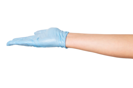 Hand in medical gloves with palm facing up on an empty background. Offering gesture, medical presentation, support, design use