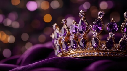 A majestic crown featuring large, ornate purple jewels, set against a rich, dark purple fabric background, symbolizing luxury and royalty.