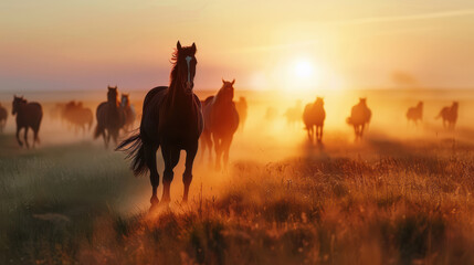 Majestic horses gallop through golden sunset, creating breathtaking scene filled with warmth and freedom. silhouettes of horses against vibrant sky evoke sense of tranquility and beauty