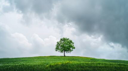 Fototapeta premium solitary tree stands majestically on green hill, surrounded by lush grass and delicate flowers under dramatic sky filled with clouds. scene evokes sense of tranquility and connection to nature