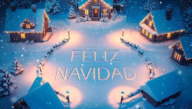 A picturesque snowy village scene illuminated by warm lights features 'FELIZ NAVIDAD' written in the snow, exuding festive warmth and holiday charm under a starry sky.