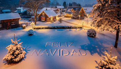 A picturesque snowy village scene illuminated by warm lights features 'FELIZ NAVIDAD' written in the snow, exuding festive warmth and holiday charm under a starry sky.