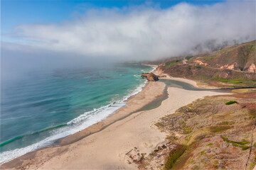 Beautiful landscape of Pacific Ocean coast along Highway 1 and Big Sur, aerial view, sunset, sunrise, fog. Concept, travel, vacation, weekend
