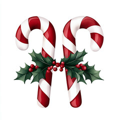 Candy canes with red and white stripes are beautifully arranged with holly leaves and berries, creating festive and cheerful Christmas design