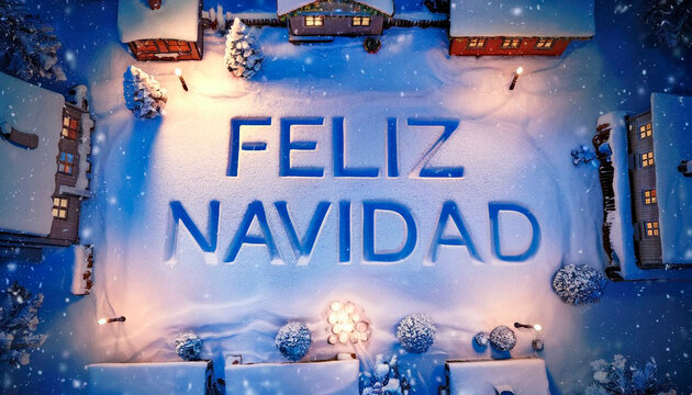 A picturesque snowy village scene illuminated by warm lights features 'FELIZ NAVIDAD' written in the snow, exuding festive warmth and holiday charm under a starry sky.