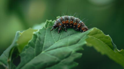 close up view of caterpillar resting on green leaf, showcasing its intricate details and vibrant colors. lush background enhances natural beauty of this fascinating creature