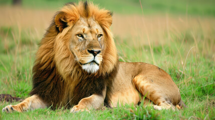 Majestic lion resting in grassy field, showcasing its impressive mane and powerful presence. serene environment highlights beauty of this magnificent animal