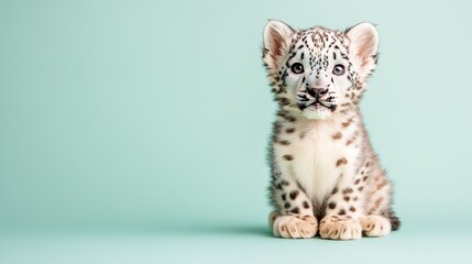 Fototapeta premium Adorable snow leopard cub against a mint green backdrop