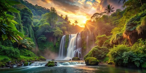 Reflected tropical waterfall at sunrise in mountainous jungle