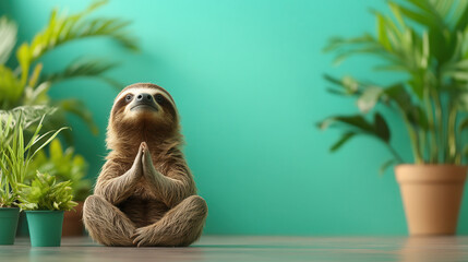 Obraz premium Calm sloth practicing yoga in serene indoor setting surrounded by plants