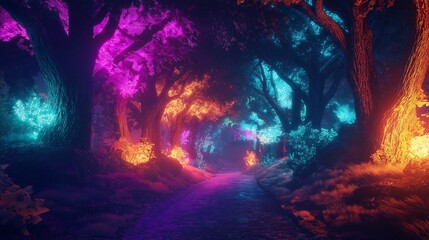 Fototapeta premium A dreamlike forest with trees glowing in bright neon hues, symbolizing a surreal journey through imagination.
