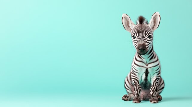 Adorable zebra foal sitting against a mint green backdrop