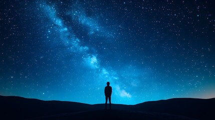 Fototapeta premium Solitary Stargazer in the Vast Desert Expanse Under the Breathtaking Milky Way