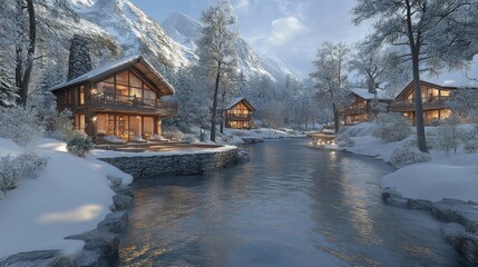 Fototapeta premium Cozy winter cabins by a serene river in a snowy landscape.