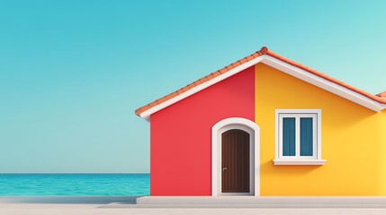 Vibrant house with a red and yellow facade, located near a serene beach under a clear sky. Perfect for showcasing colorful architecture.