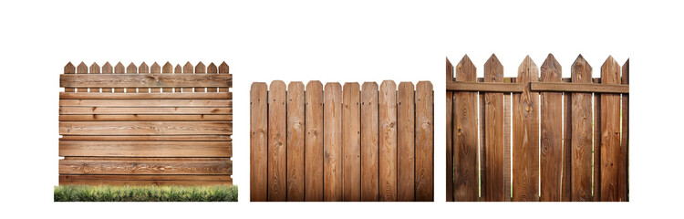Three different wooden fences, each with a unique style.