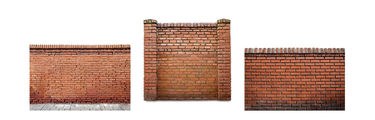 Fototapeta premium Three sections of a red brick wall isolated on a white background.