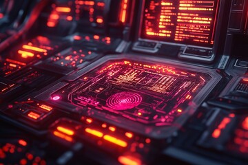 Obraz premium A digital lock interface with glowing biometric fingerprints, iris scanners, and encrypted password keys, surrounded by complex algorithms and codes. Generative AI