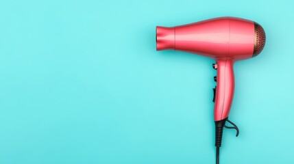 Pink hair dryer on a blue background.