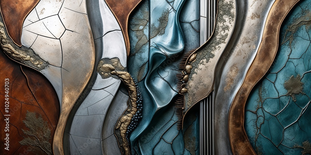 Wall mural Abstract metal wall art with textured blue, silver, and gold patterns.