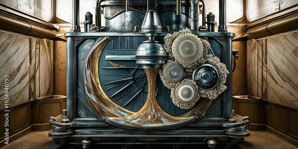 Poster Steampunk machine with intricate gears and metalwork.