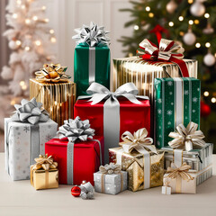 A festive display of beautifully wrapped Christmas presents in vibrant red, gold, and green, adorned with elegant ribbons, sitting beneath a decorated tree with twinkling lights and ornaments