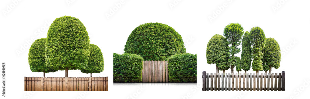 Aufkleber three different fence styles each bordered by green bushes and trees.