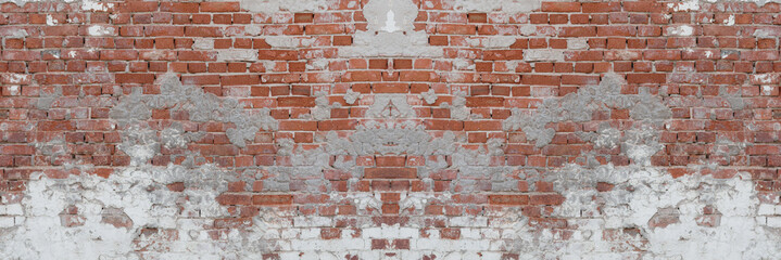 old brick wall, red and white colour, broken bricks, peeling plaster, vintage texture, background for banner, copy space