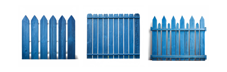 Three sections of a blue wooden picket fence, with a white background.