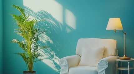 Serene living room corner with white armchair, potted palm, and lamp casting soft shadows on vibrant teal wall, creating a tranquil tropical ambiance.