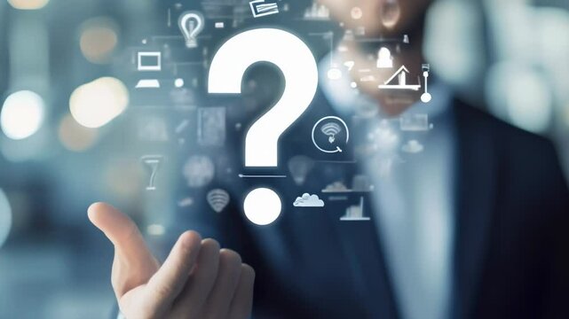 Businessman is touching a question mark icon surrounded by other digital icons, representing business solutions and problem solving