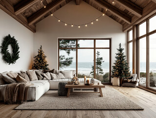 Fototapeta premium Cozy living room decorated for holidays, featuring festive trees and ocean view.