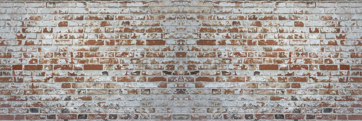 old brick wall, red and white colour, broken bricks, peeling plaster, vintage texture, background for banner, copy space