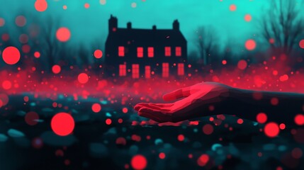 A hand reaches out towards a glowing house in the distance, surrounded by red dots.