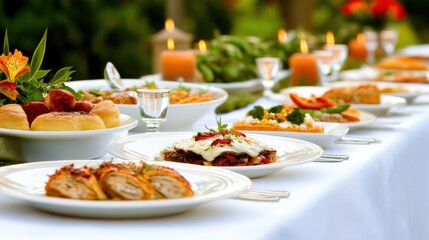A lavish outdoor dinner table is adorned with a variety of gourmet dishes and candles, AI