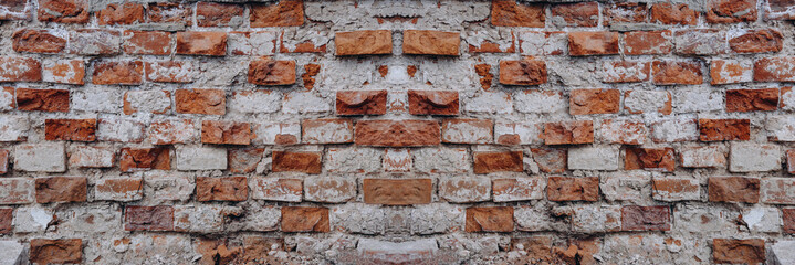 old brick wall, red and white colour, broken bricks, peeling plaster, vintage texture, background for banner, copy space
