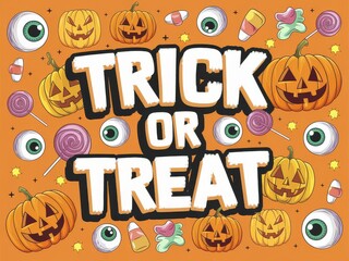 Festive Halloween Scene with Jack-o&rsquo;-lanterns and Various Candies on an Orange Background Highlighting &lsquo;TRICK OR TREAT&rsquo; Lettering