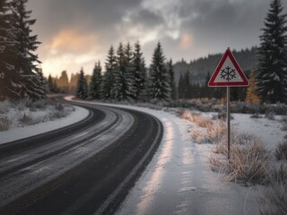 Frosty Evening with Warning Sign Along Icy Rural Route