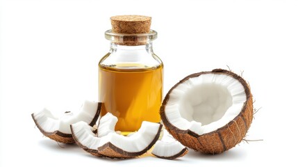 A bottle of MCT oil with coconut pieces, isolated on a white background, ideal for ketogenic diets and healthy cooking