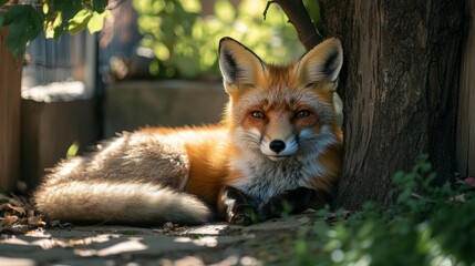 Urban fox lounging peacefully under a tree in a serene backyard, showcasing the harmony between wildlife and city life