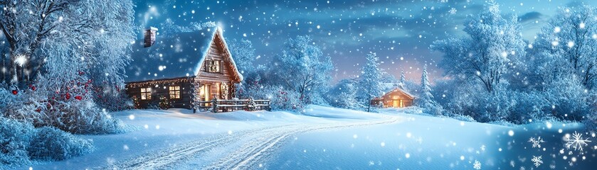 Cozy chalet nestled in a snowy winter landscape with falling snowflakes and a calm, serene atmosphere, under a starry night sky.